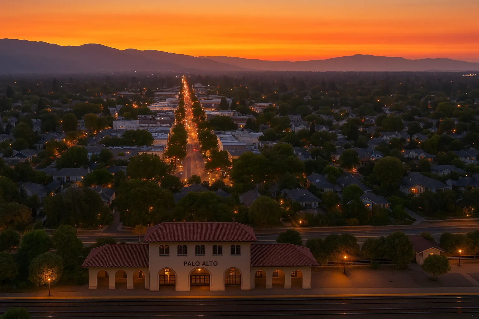 Aerial twilight perspective of Palo Alto highlighting the Mission Revival–style Caltrain station façade with arched colonnades in the foreground, University Avenue’s glowing streetlights and storefronts stretching through town, and Santa Cruz foothills silhouetted behind.